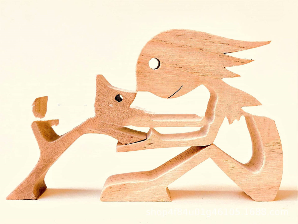 DIY Figurine Wood Dog Ornament Sculpture Home Decoration A Man A Dog Wood Sculpture Christmas Gifts Model Decor PearlNestDecor.com
