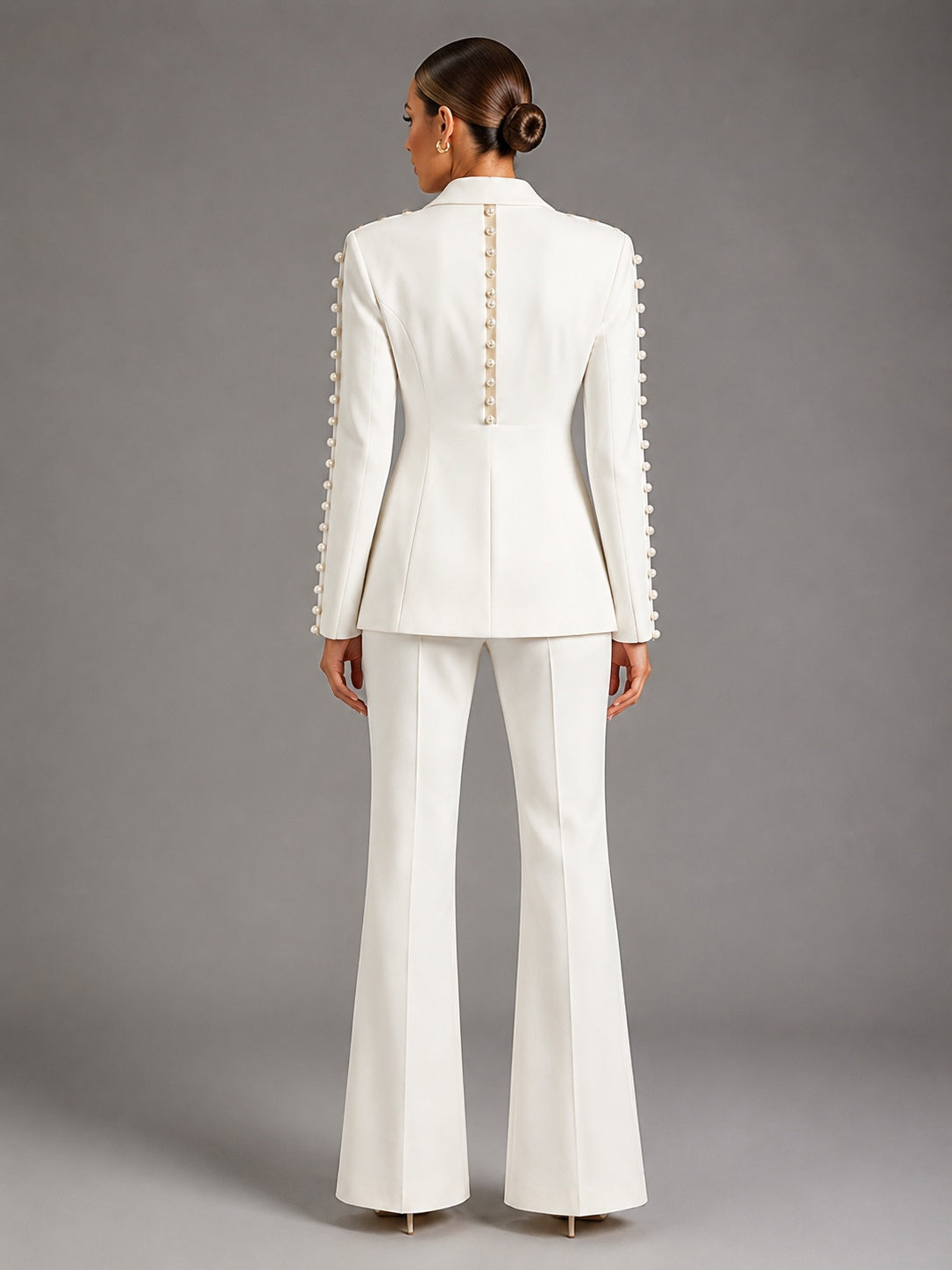 Pearl Embellished Peak Lapel Blazer & High Waist Full Flare Suit Trousers 2-Piece Set NorixaFashion.com