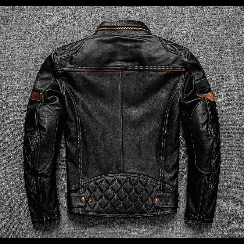 Men's Genuine Leather Biker Jacket with Protective Gear Pi-Mart