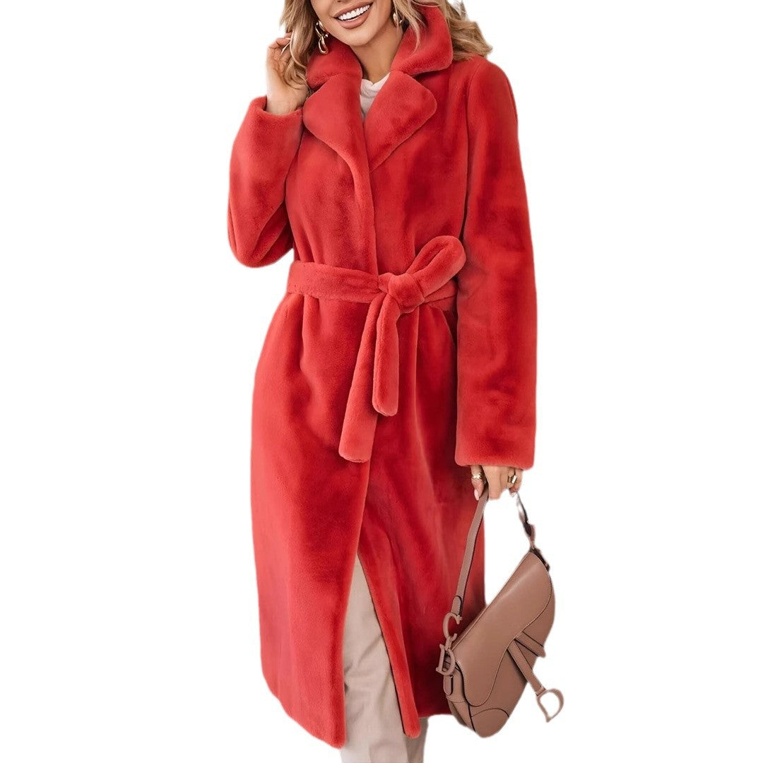 Women's Fashionable Elegant Lace-up Turn-down Collar Plush Long Coat LadyShow.Store