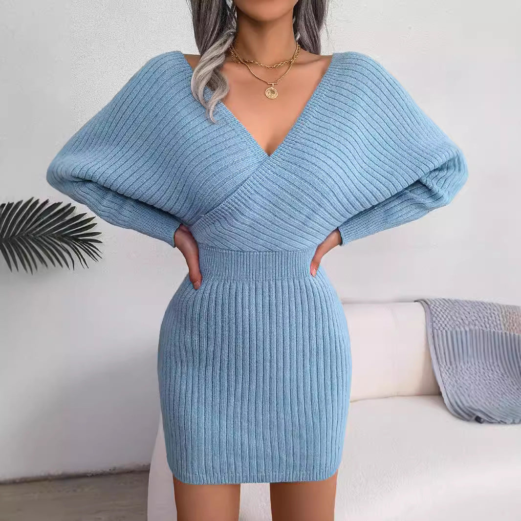 2026 Autumn Winter Sexy Cross V Neck Bat Skirt With Hip Wrapping, Hairy Dress NorixaFashion.com