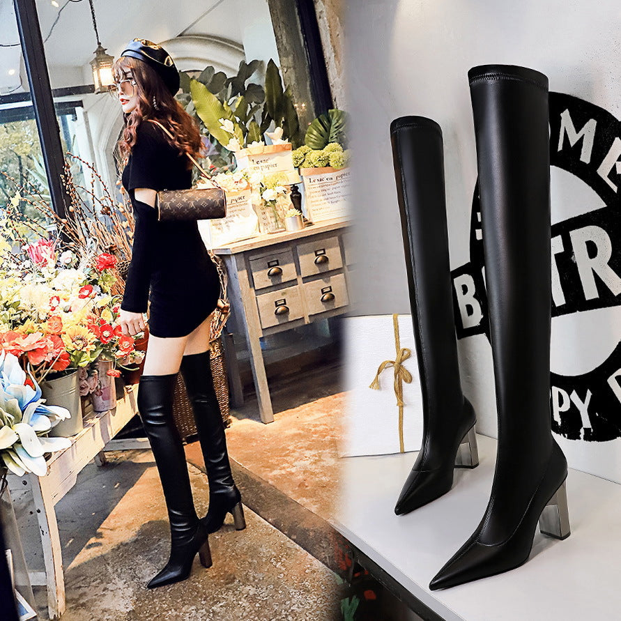 Women Thigh High Shoes  Pointed Toe  Over Knee Boots Square Heels LadyShow.Store