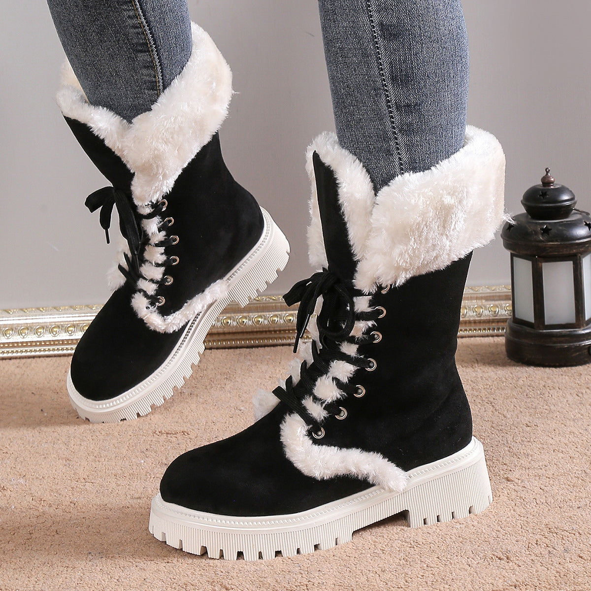 Winter Lace-up Snow Boots For Women Mid-tube Fleece Shoes Warm Chunky Heels Plush Boot LadyShow.Store