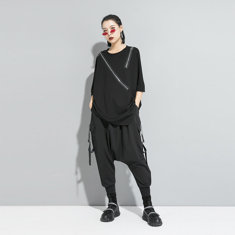Irregular Zipper Round Neck Pullover T-Shirt Pi-Mart