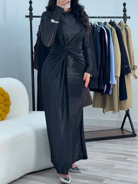 Metallic Maxi Dress With Twist Front Detail And Long Sleeves NorixaFashion.com