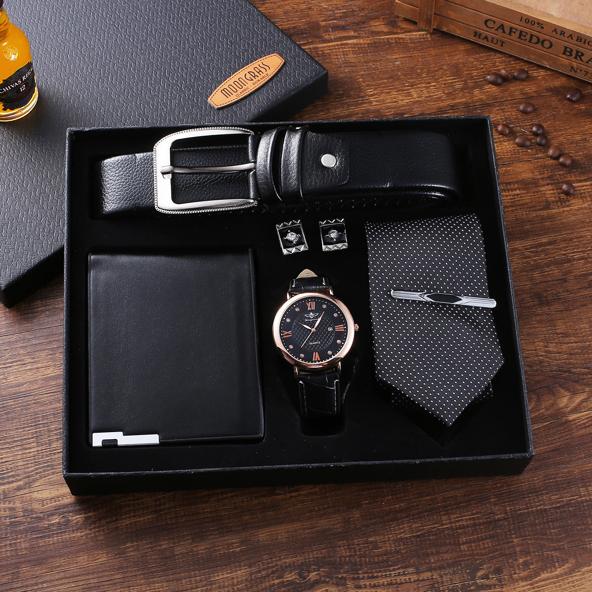5pcs Set Boutique Gift Belt Wallet Tie Large Dial Quartz Watch Cufflinks LuxuryLifeWay Online Store