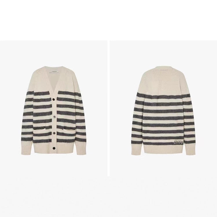 Womens Striped Wool Color-Block Knitted Cardigan Coat Best YouTube Store