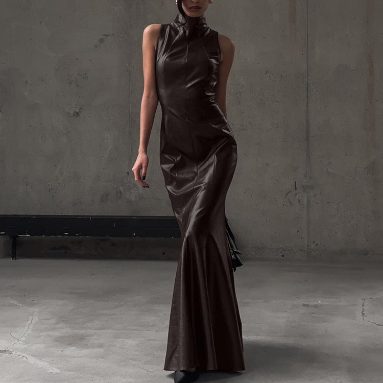 Stylish High-waisted Maxi Dress With Stand-up Collar NorixaFashion.com