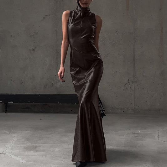 Stylish High-waisted Maxi Dress With Stand-up Collar NorixaFashion.com