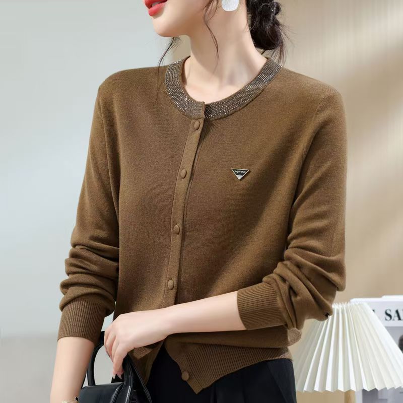 Womens Round-Neck, Diamond-Embellished, Solid-Colored Knit Cardigan LadyShow.Store