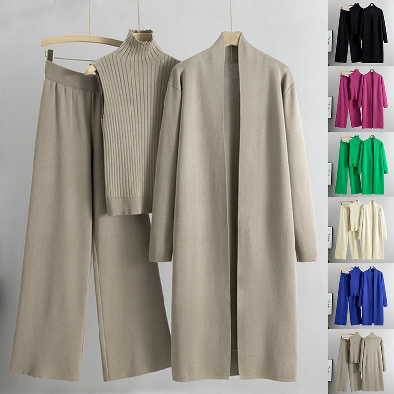 3pcs Suits Women Fashion Knitting Sleeveless Vest Sweater Long Cardigan And Wide-leg Pants Three-piece Set LadyShow.Store
