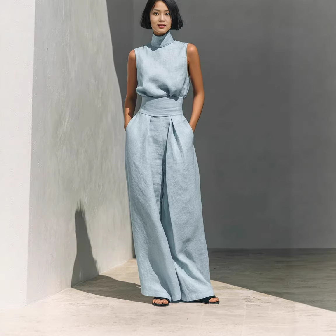 Casual Sleeveless Suit Summer Stand-up Collar Pullover Top And Loose Straight-leg Trousers Women's Clothing LadyShow.Store