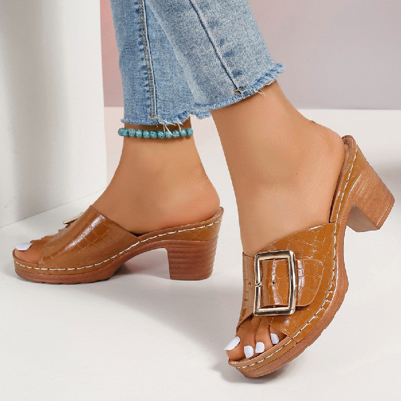 Fashion Crocodile-textured Buckle Sandals Square Chunky Heel Peep-toe Slides Slippers Women Shoes CJD
