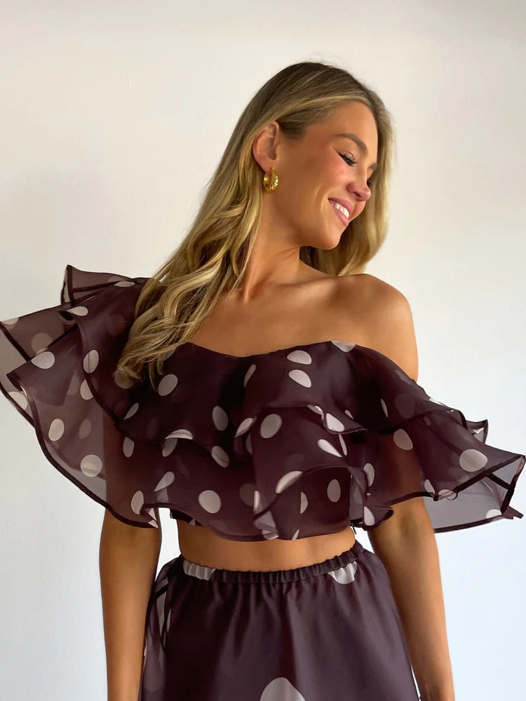 Sexy Strapless Irregular Print Ruffled Fashion Suit Long Dress NorixaFashion.com