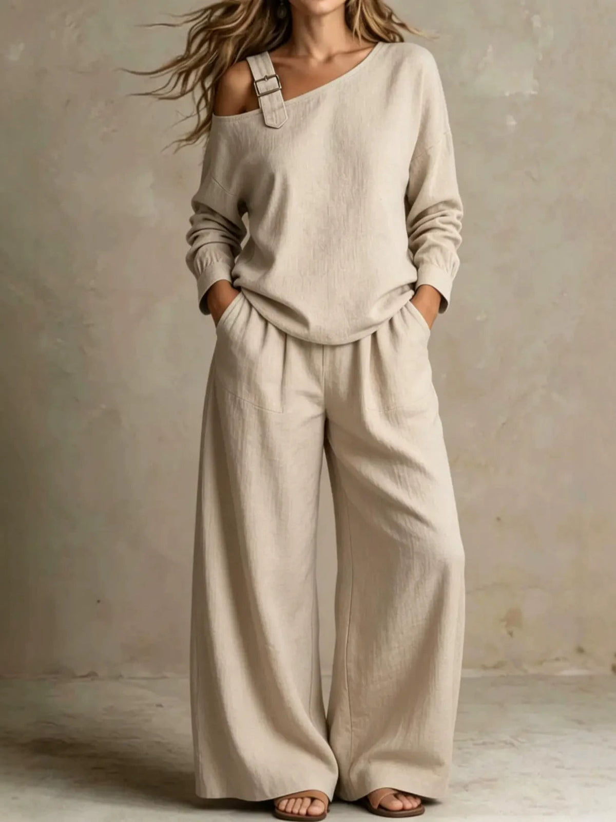 2026 Site Hot-Selling Women's Casual Loose Fashion One-Shoulder Linen Blend Two-Piece Set NorixaFashion.com