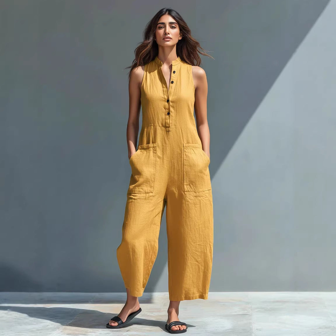Summer Sleeveless Jumpsuit With Pockets Fashion Casual V-Neck Buttons Trousers Women's Overall Pants NorixaFashion.com
