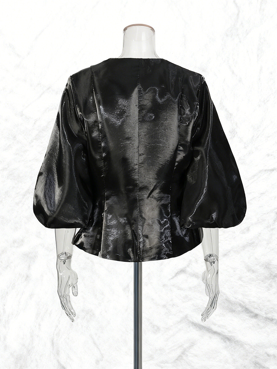 Round Neck Solid Color Single-breasted Lantern Sleeve Shirt NorixaFashion.com