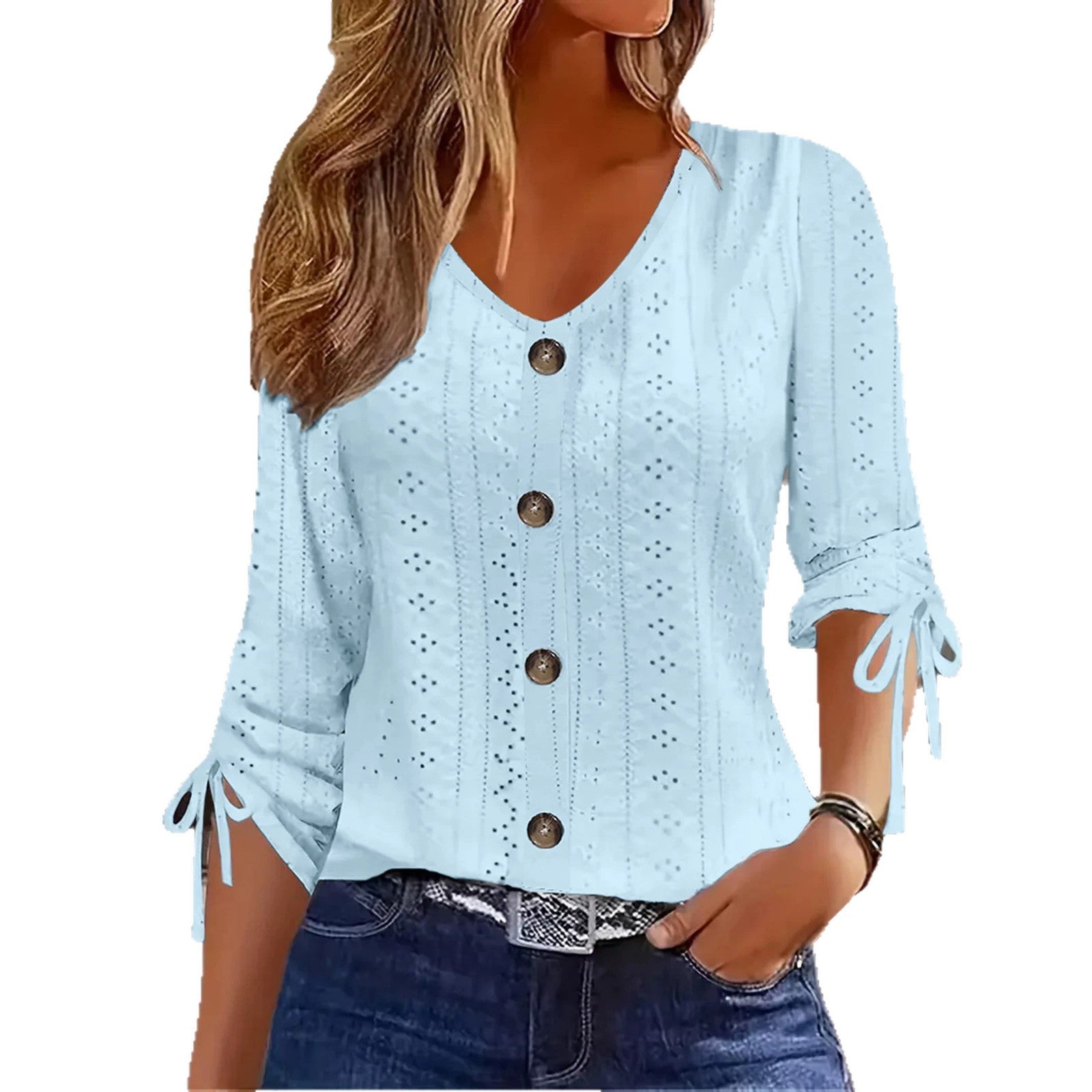 Solid-color Jacquard V-neck Buttoned Mid-sleeve T-shirt Top NorixaFashion.com
