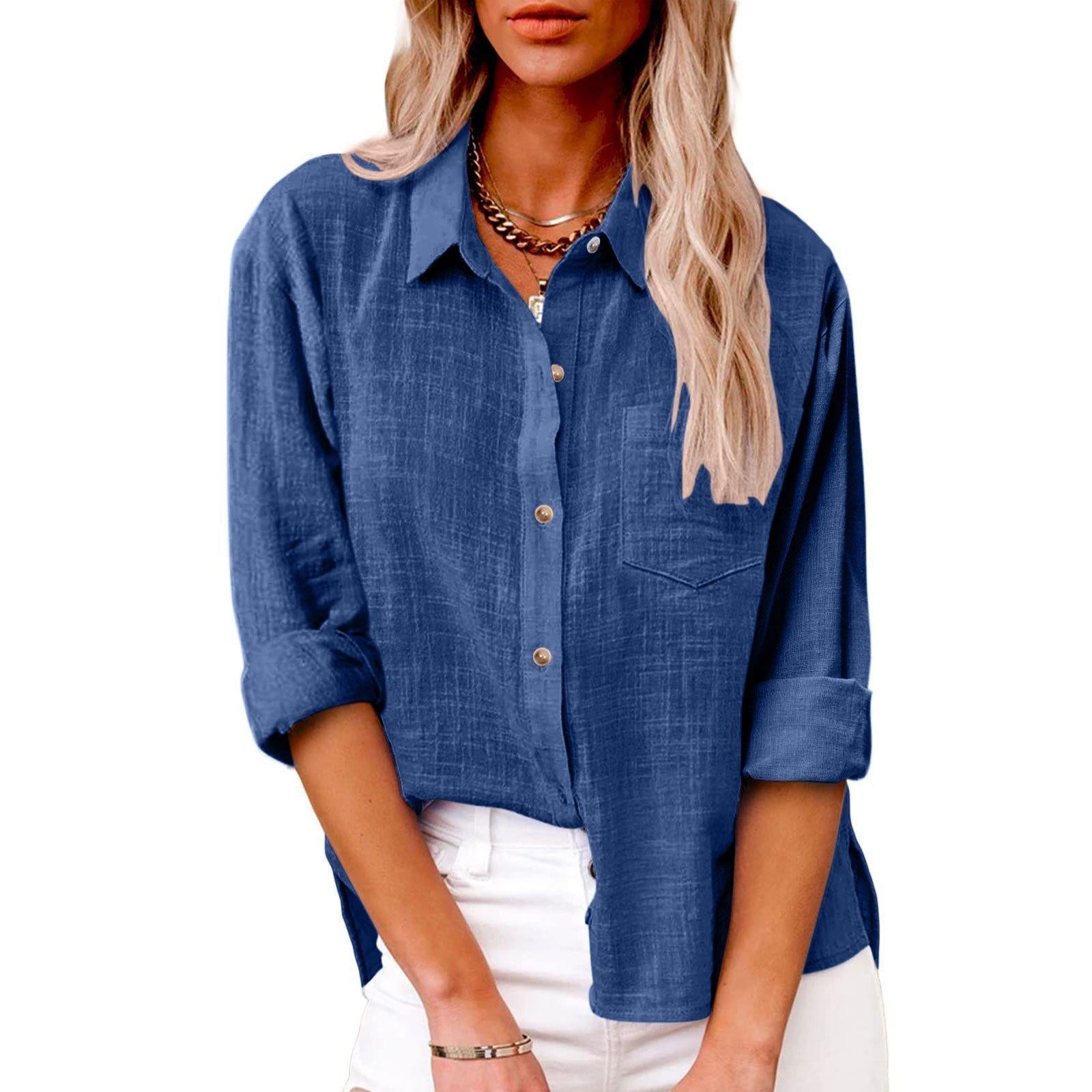 Pocket Split Cotton And Linen Long-sleeved Shirt NorixaFashion.com