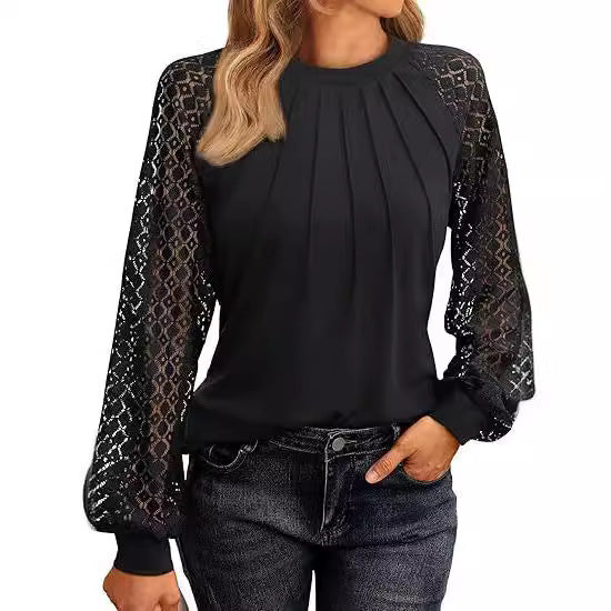 2026 Autumn New European And American Women's Long Sleeved Shirt Lace Top Casual Knitted Shirt NorixaFashion.com