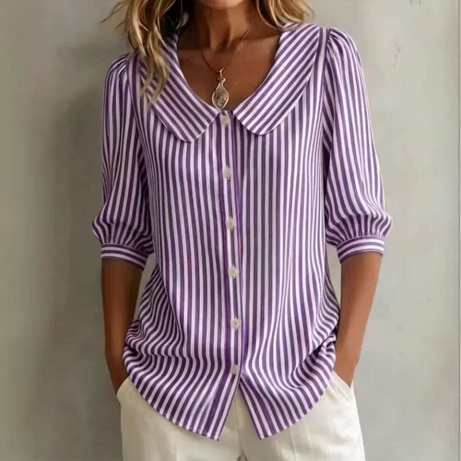 Mid-sleeve Striped V-neck Shirt Top T-shirt Womens Clothing LadyShow.Store