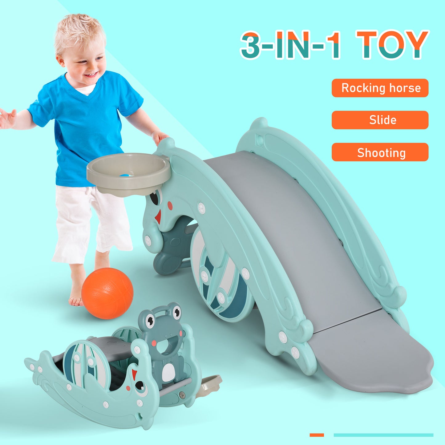 3-in-1 Kids Portable Slide Rocking Horse Toy with Basketball Hoop for Age 1.5-3 Boys and Girls