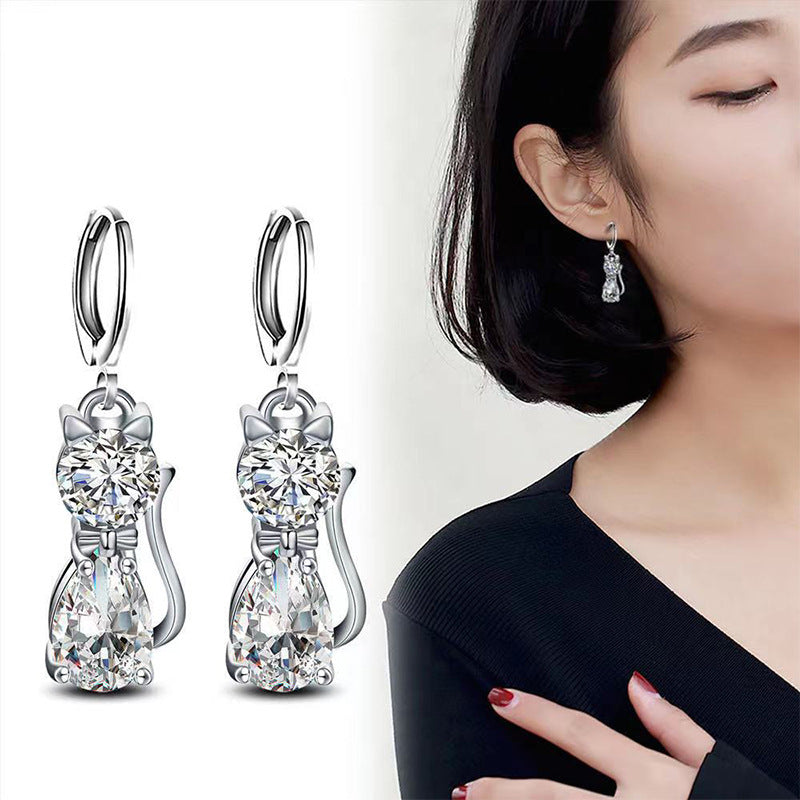 Cute Kitty Zircon Pendant Alloy Plated Silver Accessories Necklace