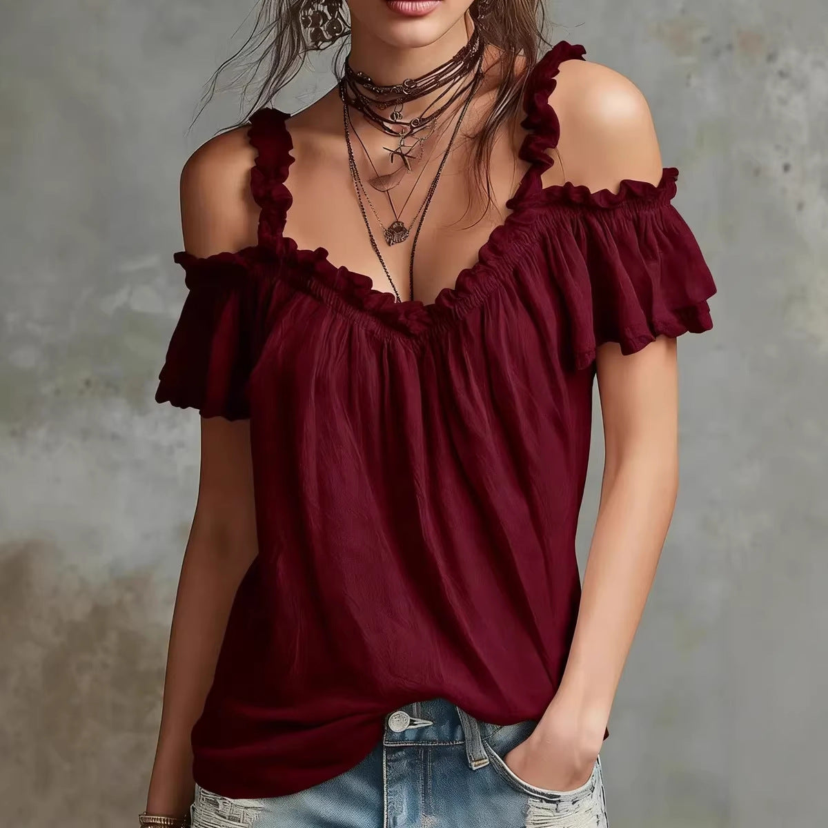 Summer Off-Shoulder Blouse Top Fashion Ruffled Strappy Short-Sleeved Shirt Y2K Sweet Women's Clothing NorixaFashion.com