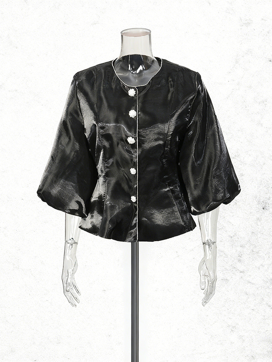 Round Neck Solid Color Single-breasted Lantern Sleeve Shirt NorixaFashion.com