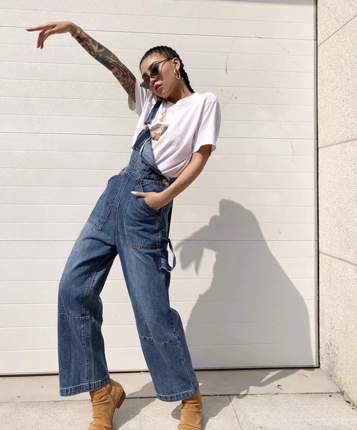 Loose Pocket Overalls Denim Pants Pi-Mart