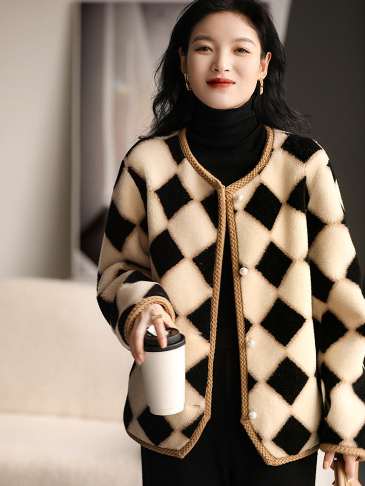 Chessboard Plaid Full Wool Sheepskin Fur Women's Winter Best YouTube Store