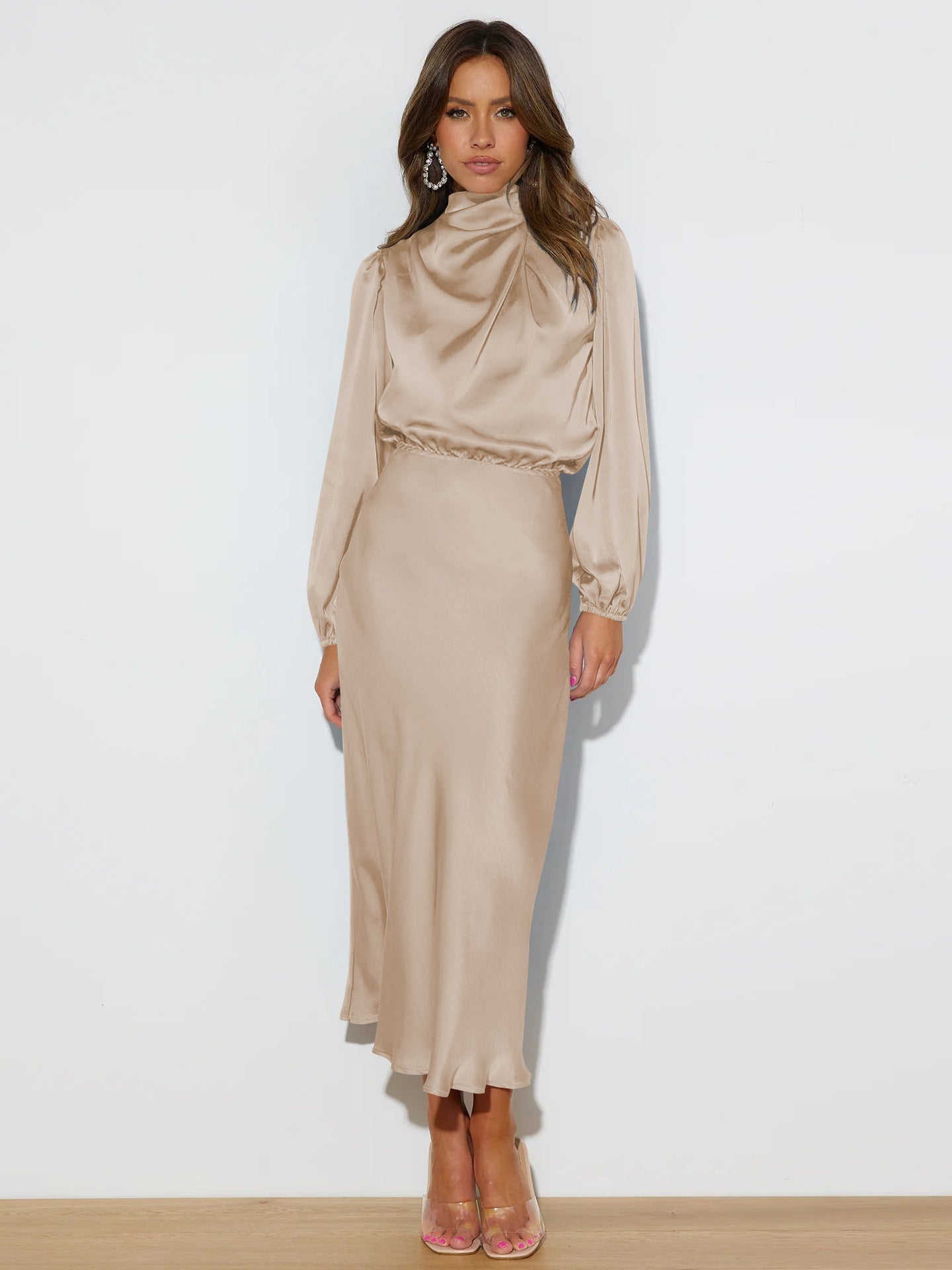 Elegant Temperament Long-sleeved Dress Satin Halterneck Formal Evening Dresses Women Clothing LadyShow.Store