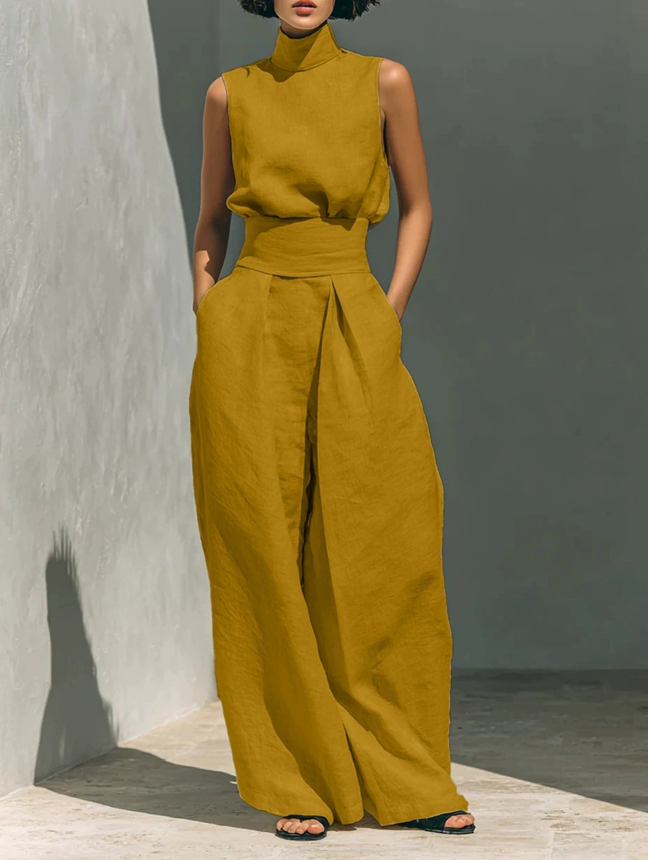 Casual Sleeveless Suit Summer Stand-up Collar Pullover Top And Loose Straight-leg Trousers Women's Clothing LadyShow.Store