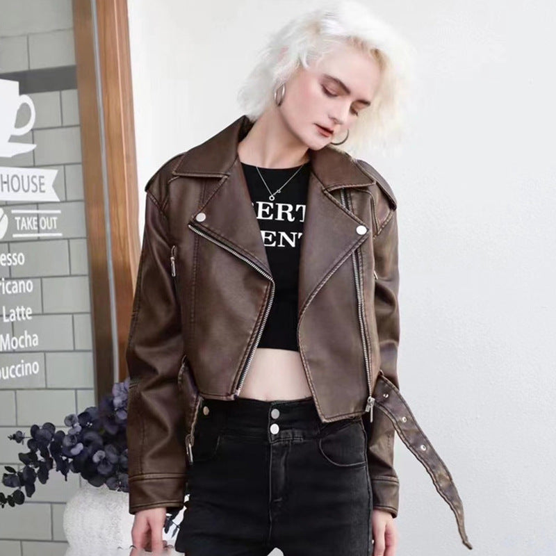Hong Kong Style Retro Coat Women's Short Spring And Autumn New Casual Pop Motorcycle PU Leather Jacket LadyShow.Store