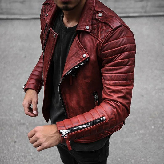 Men's Slim Fit Brown PU Leather Jacket with Lapel Pi-Mart