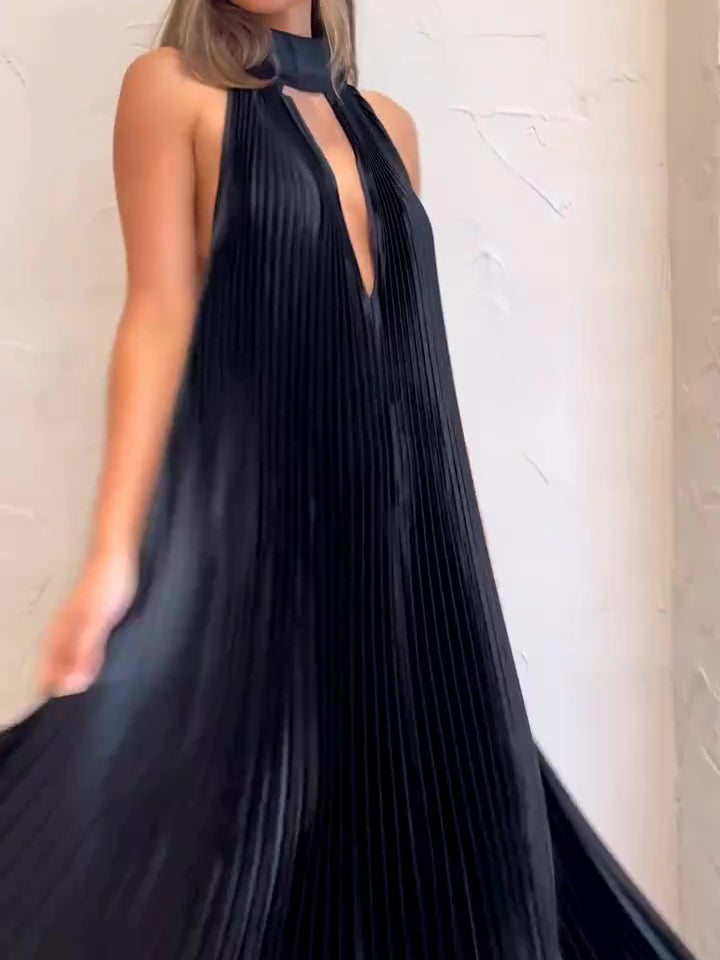 Black V-Neck Pressed Pleated Dress NorixaFashion.com