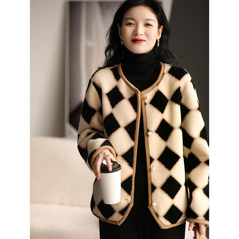 Chessboard Plaid Full Wool Sheepskin Fur Women's Winter Best YouTube Store