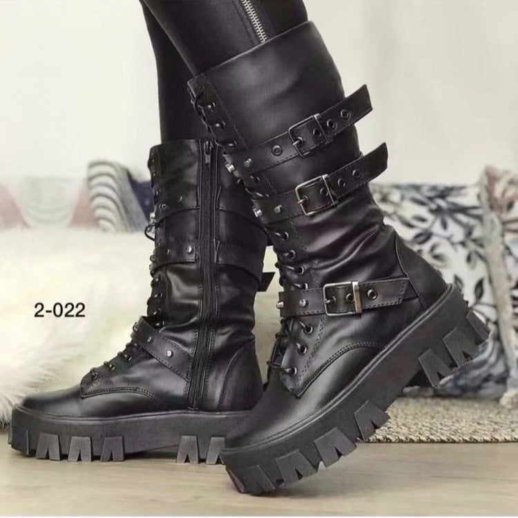 Women's Martin Boots Lace Up Combat Boot Mid Calf Platform Shoes Western Boots LadyShow.Store