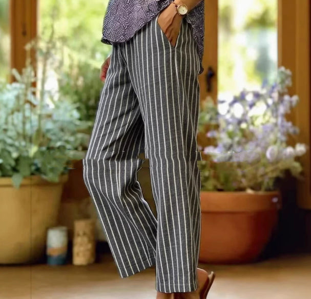 Womens Striped Elastic Waist Loose Casual Pants NorixaFashion.com