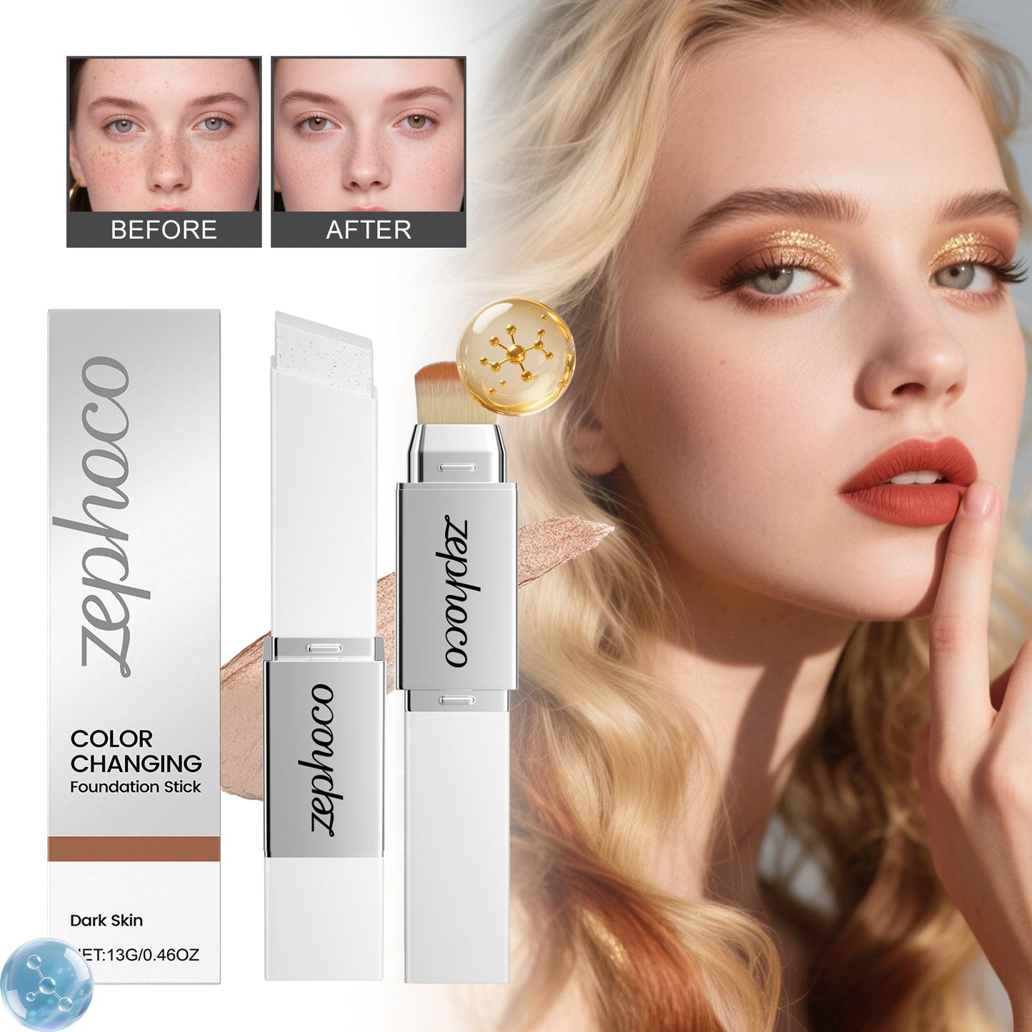 2-in-1 Color-Changing Foundation Stick Deep Skin Tone Tri Light Beauty
