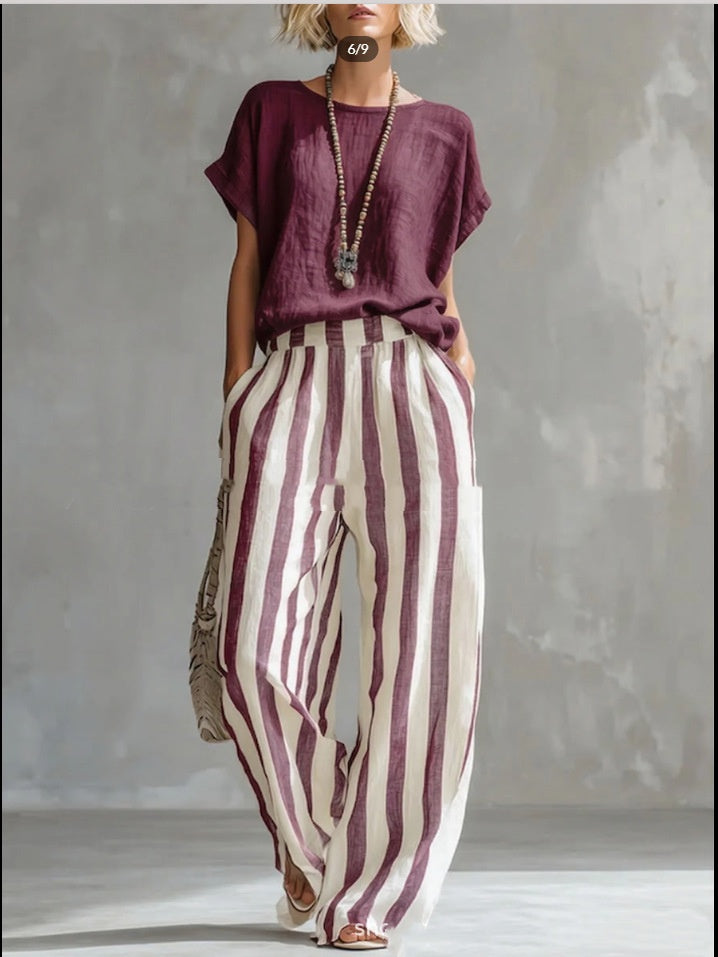 Short-sleeved Trousers Suit Summer Fashion Round Neck Pullover T-Shirt And Striped Print Straight Leg Pants Two-Piece Clothing For Women LadyShow.Store