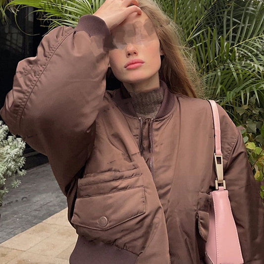 American Retro Coffee Color Short Baseball Cotton Coat Women Best YouTube Store