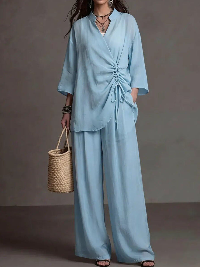 Stand-collar Top With Drawstring Waist High-waisted Slimming Wide-leg Pants Casual Set NorixaFashion.com