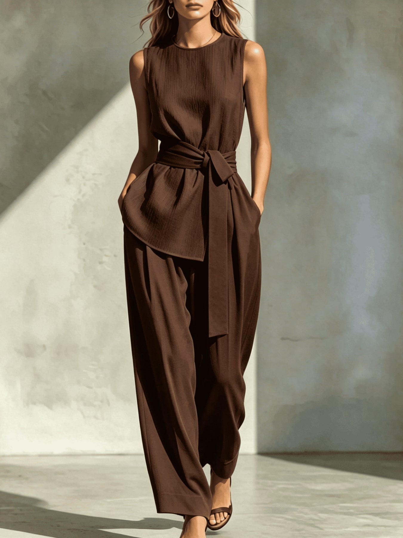 Womens Casual Sleeveless Tied-top And Pants Set NorixaFashion.com