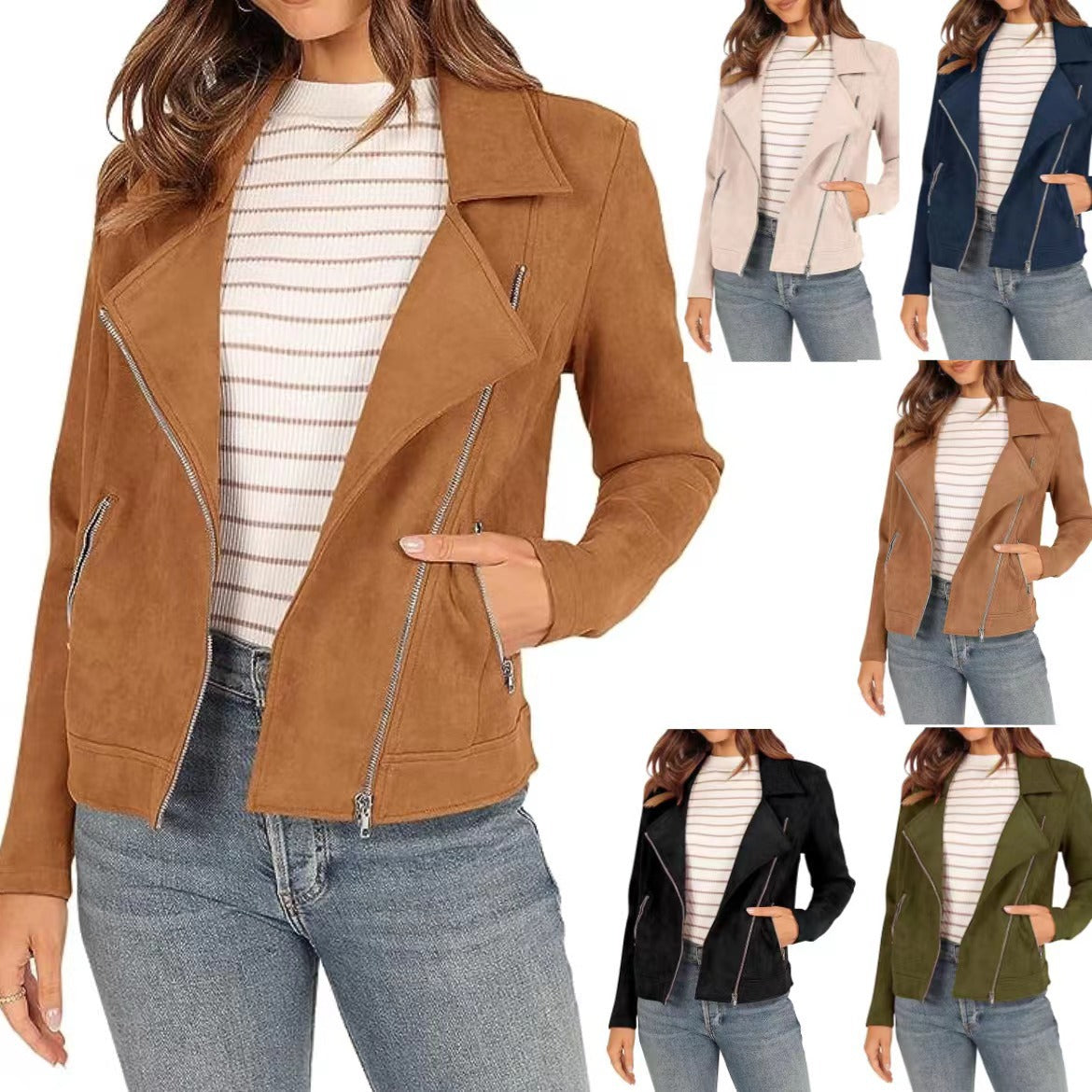 Fashion Deerskin Velvet Motorcycle Jacket Zipper Pocket Short Coat LadyShow.Store