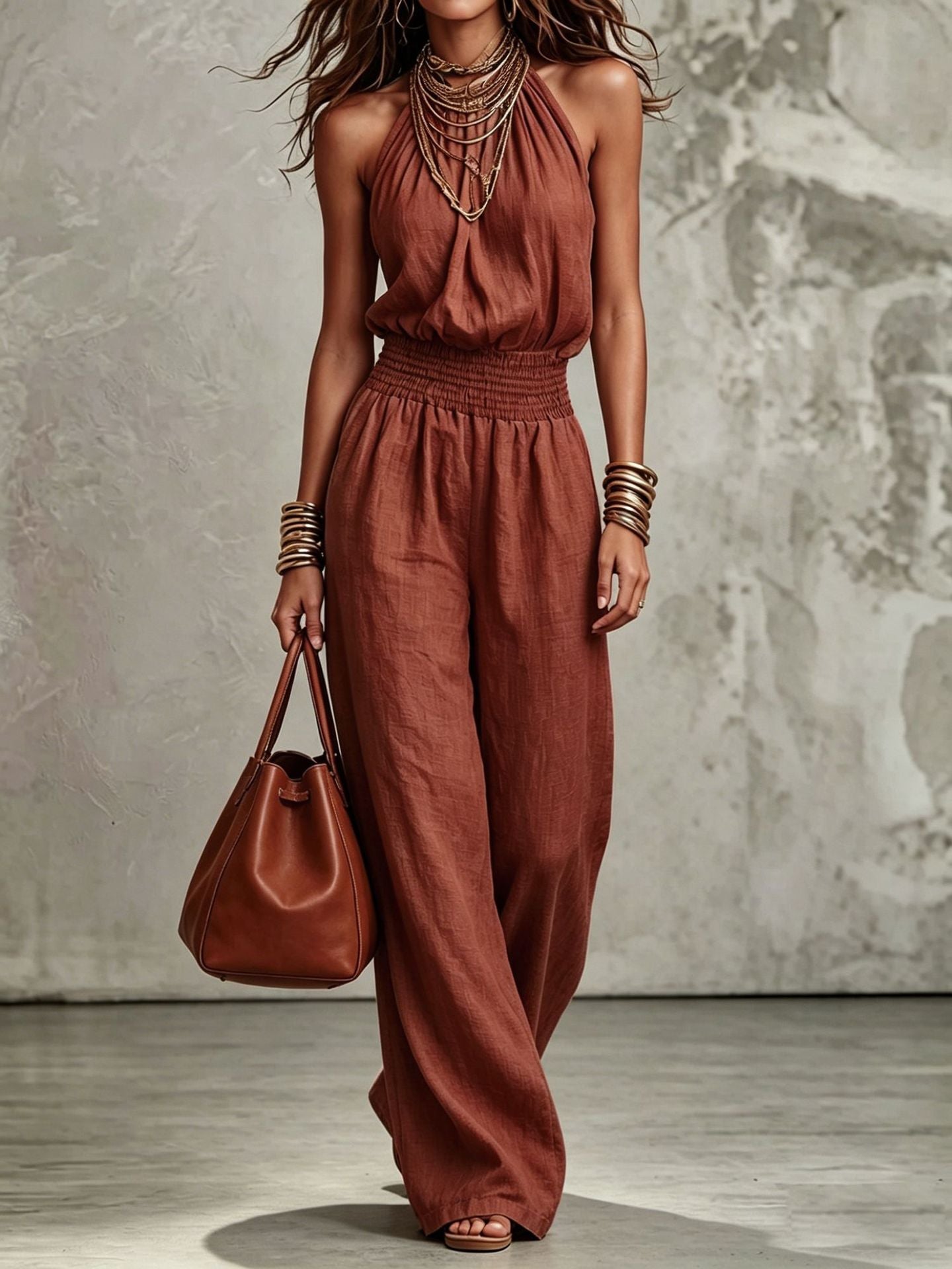 Womens Sleeveless Jumpsuit Backless Lace-up Halter Overall Pants Wide-leg Straight Onesie Trousers NorixaFashion.com