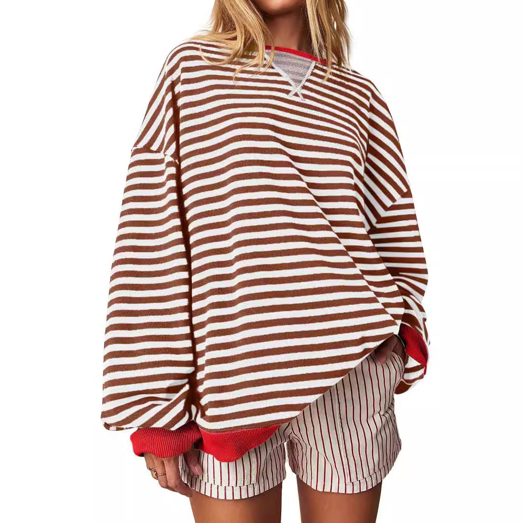 Women's Striped Embroidered Stitching Color-inserted Pullover Sweater CJD