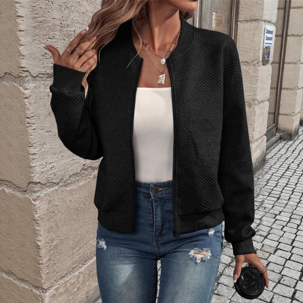 2026 Spring And Autumn Cross-Border Amazon European And American Women's Fashion New Plaid Zipper Round Neck Long Sleeve Jacket For Women NorixaFashion.com