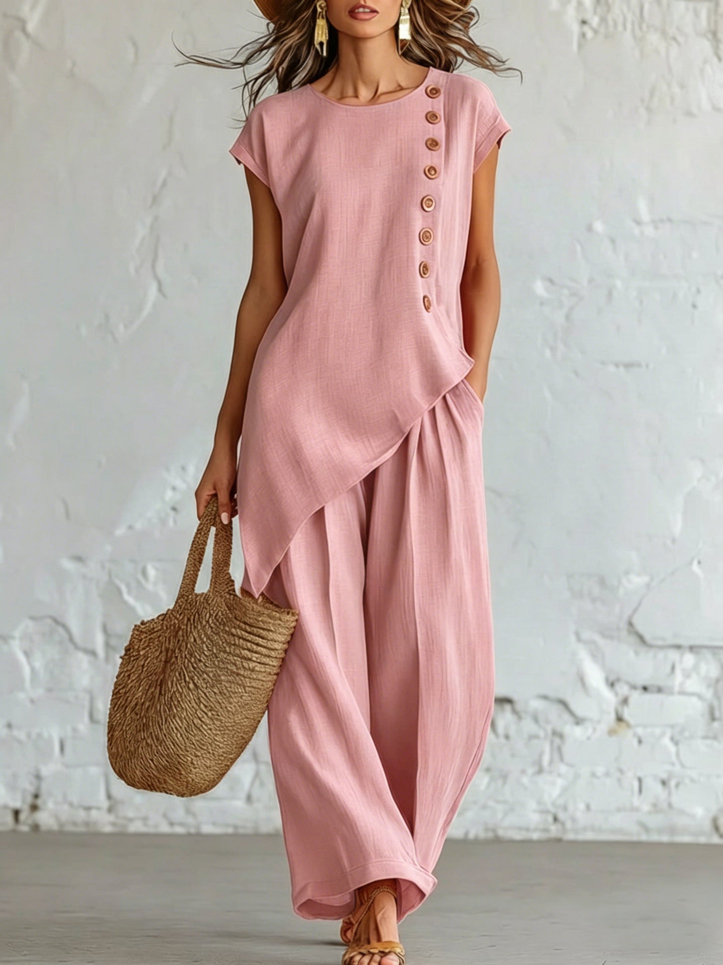 Womens Solid-Color Crew-Neck Buttoned Short-Sleeve Wide-Leg Pants Set NorixaFashion.com