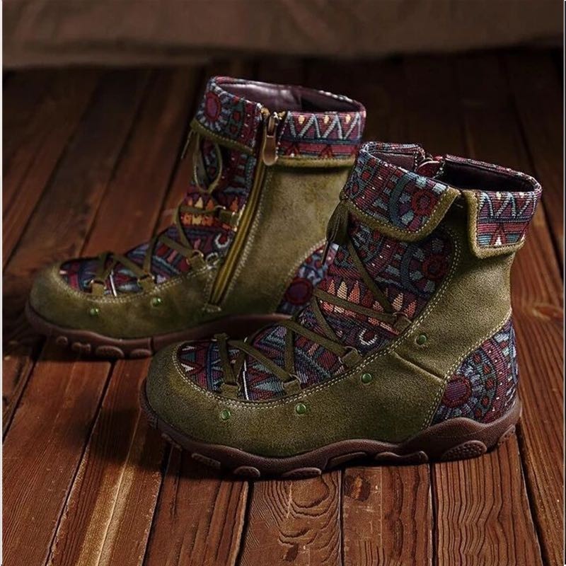 Ethnic Style Large Size Short Boots Women's Fashion Retro Side Zipper Round Head Autumn And Winter Fashion Nude Boots LadyShow.Store